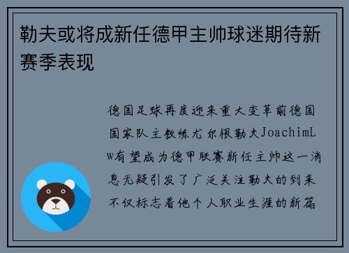 勒夫或将成新任德甲主帅球迷期待新赛季表现